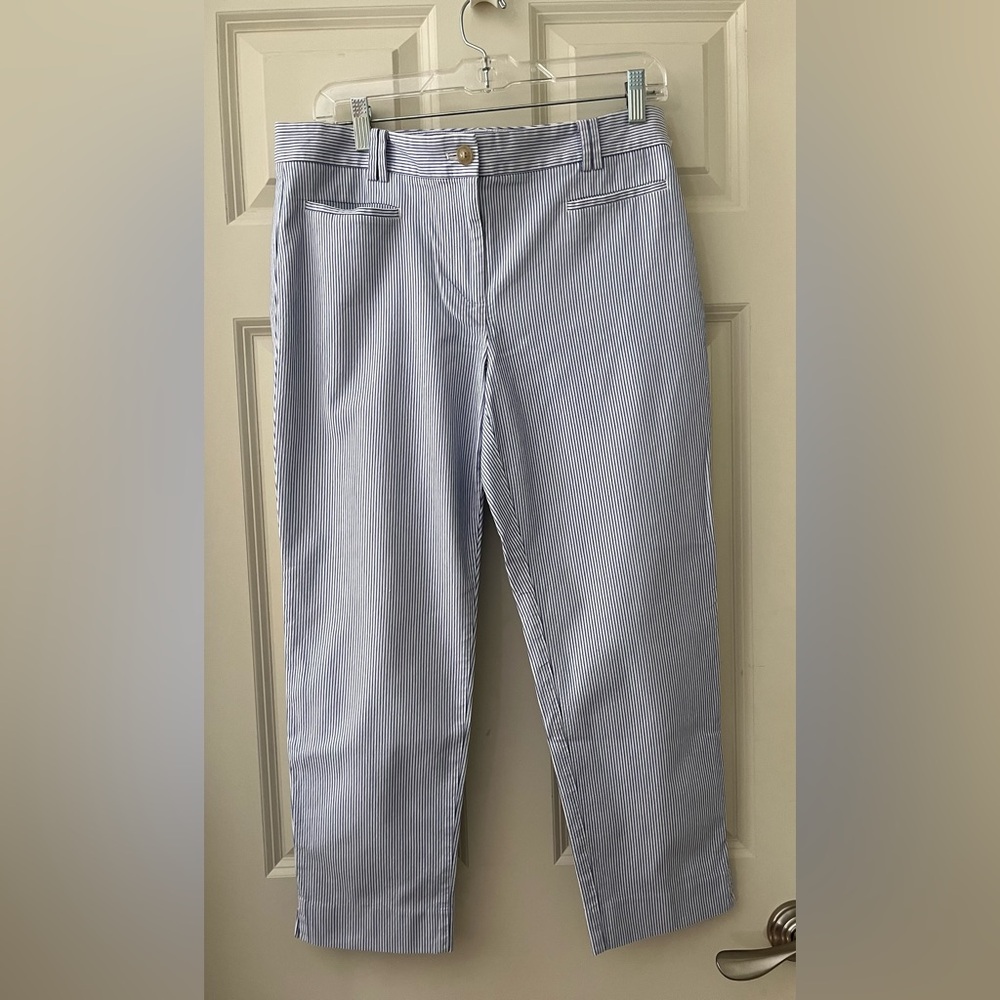 Ann Taylor Searsucker Ankle Crop Pants Blue & White Striped Textured Size 8